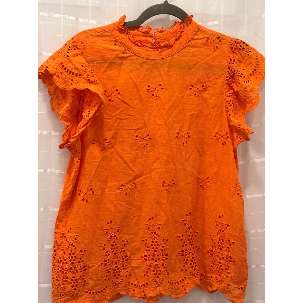 THML Orange Eyelet Embroidered Flutter Sleeve Ruffle Neck Top Size M